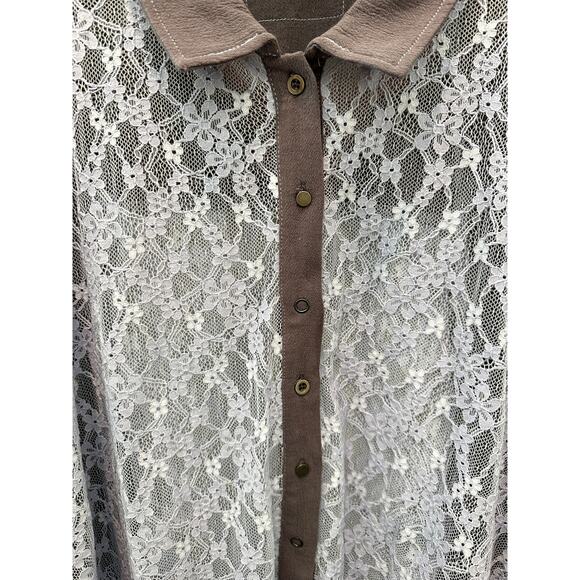 POL | Boho Lavender Lace Button Up Shirt Ruffle Trim Sheer Romantic Top | Large - Picture 5 of 9
